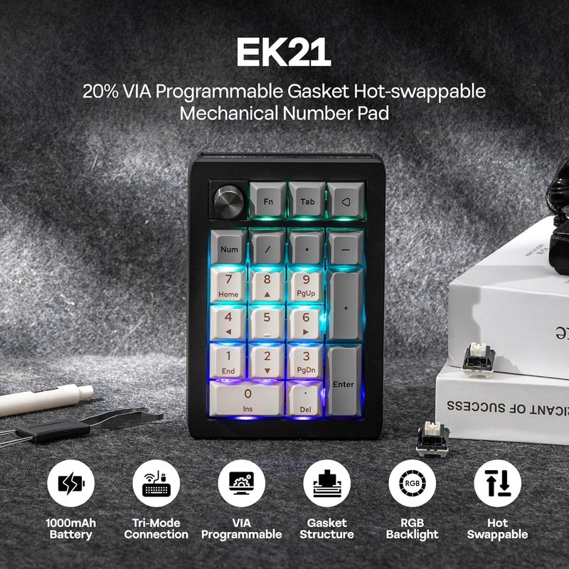 EPOMAKER EK21 VIA Gasket Number Pad with 1000mAh Battery, BT 5.0/2.4GHz/Wired Hot-Swap Numpad with Aluminum Alloy knob, Programmable for Win/Mac/Gaming (Black Silver, Wisteria V2 Switch) - Image 2